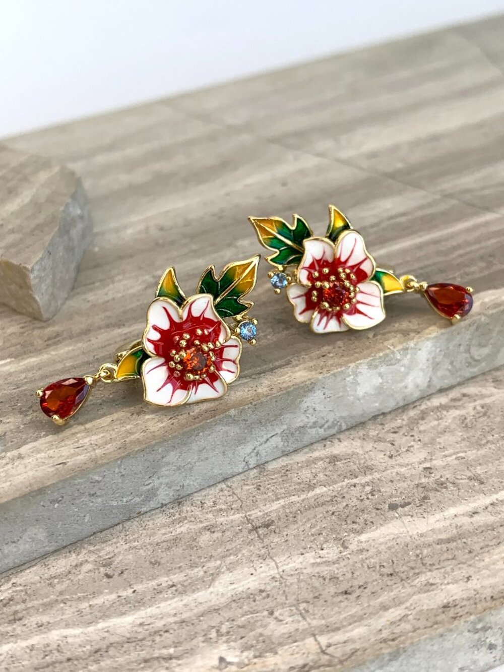 NEW ~ Anthropologie Enamel Flower Crystal Drop Lever Back Earrings - Picture 10 of 16